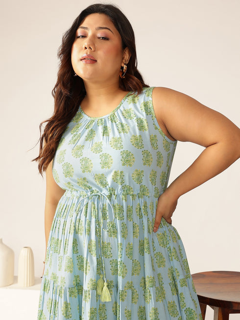 Plus Size Light Blue Pure Cotton Ethnic Motifs Printed Tiered Dress