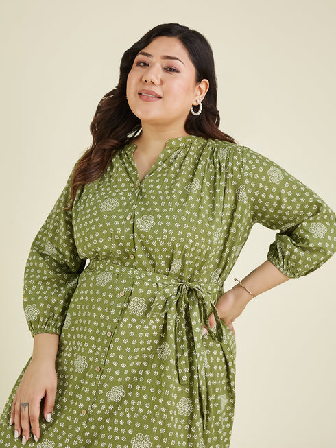 Janasya Women's Plus Size Olive Green Pure Cotton Floral Printed A-line Dress