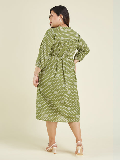 Janasya Women's Plus Size Olive Green Pure Cotton Floral Printed A-line Dress