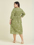 Janasya Women's Plus Size Olive Green Pure Cotton Floral Printed A-line Dress