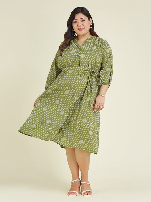 Janasya Women's Plus Size Olive Green Pure Cotton Floral Printed A-line Dress
