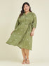 Janasya Women's Plus Size Olive Green Pure Cotton Floral Printed A-line Dress