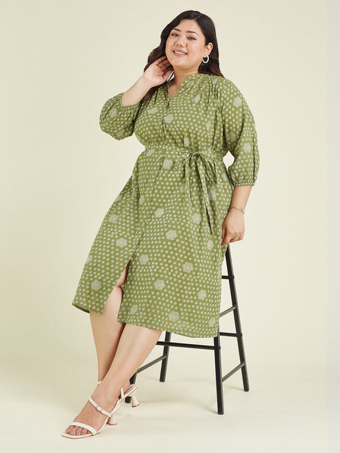 Janasya Women's Plus Size Olive Green Pure Cotton Floral Printed A-line Dress