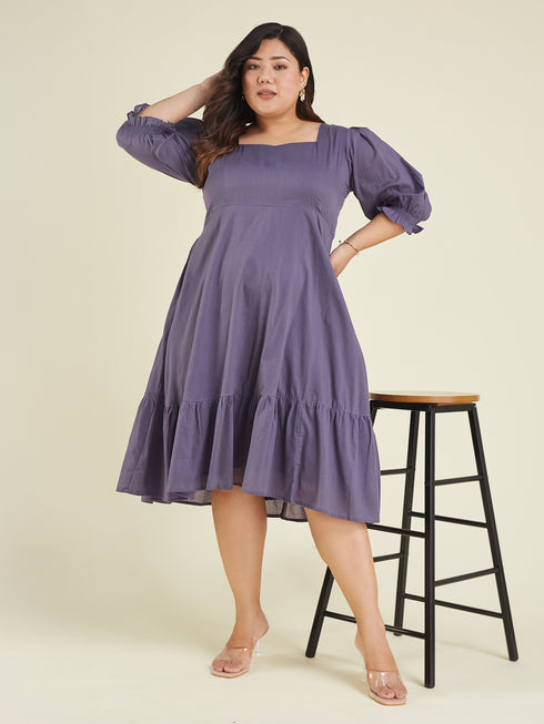 Janasya Women's Plus Size Purple Pure Cotton Solid A-line Dress