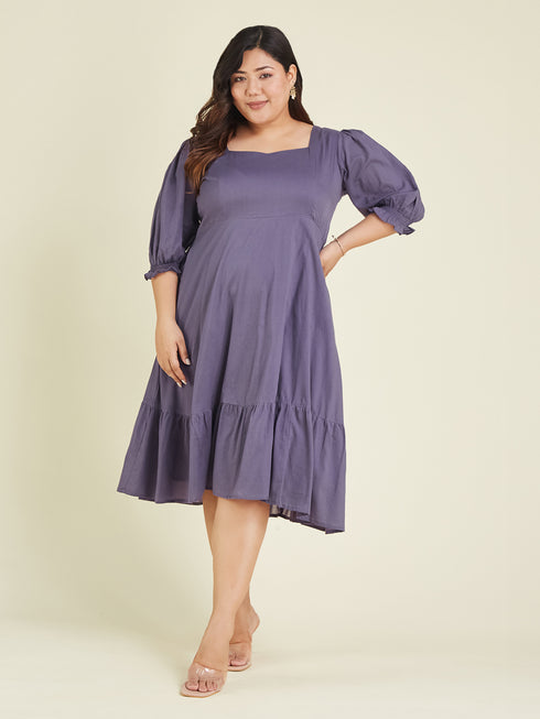 Janasya Women's Plus Size Purple Pure Cotton Solid A-line Dress