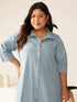 Plus Size Light Blue Cotton Solid Button Down Shirt Style A-line Dress