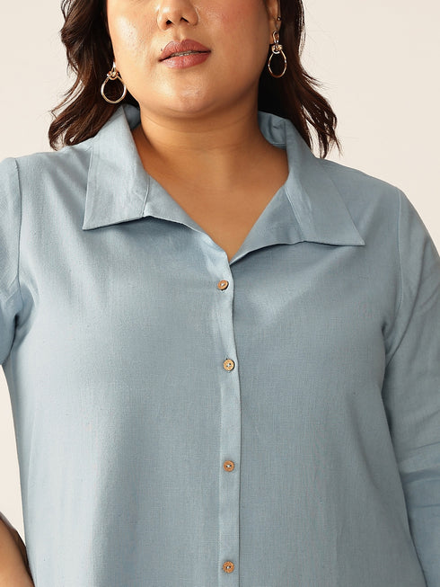 Plus Size Light Blue Cotton Solid Button Down Shirt Style A-line Dress