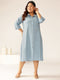 Plus Size Light Blue Cotton Solid Button Down Shirt Style A-line Dress