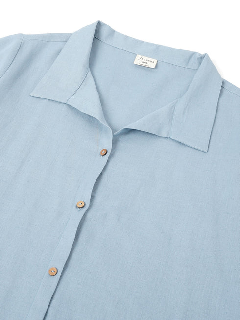 Plus Size Light Blue Cotton Solid Button Down Shirt Style A-line Dress