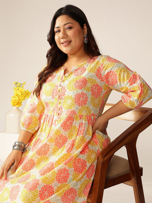 Plus Size Off White Pure Cotton Floral Printed A-line Kurta Set