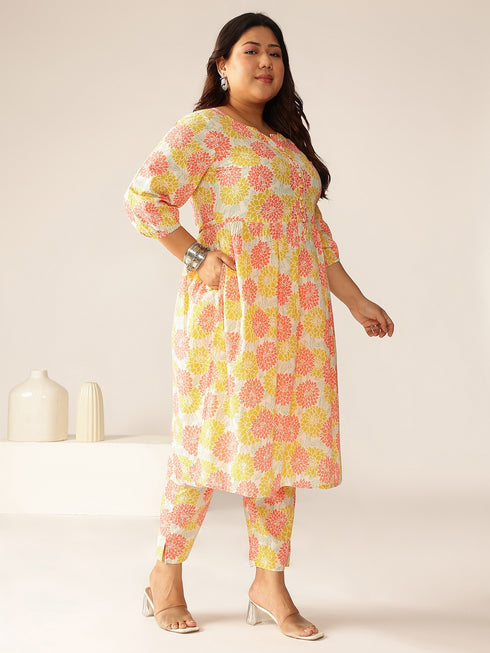 Plus Size Off White Pure Cotton Floral Printed A-line Kurta Set