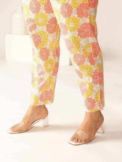 Plus Size Off White Pure Cotton Floral Printed A-line Kurta Set