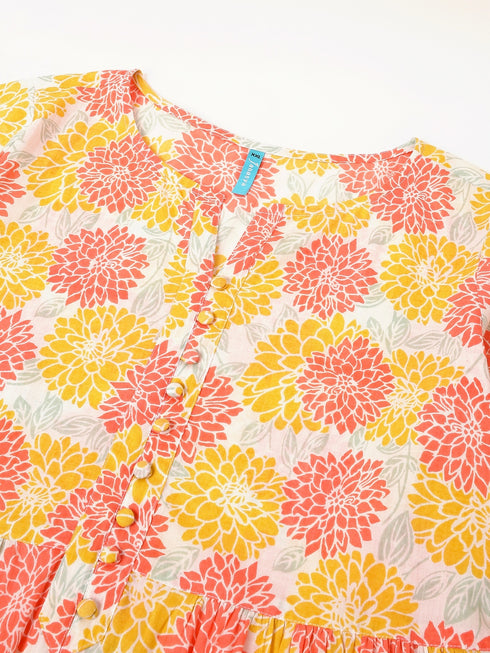 Plus Size Off White Pure Cotton Floral Printed A-line Kurta Set