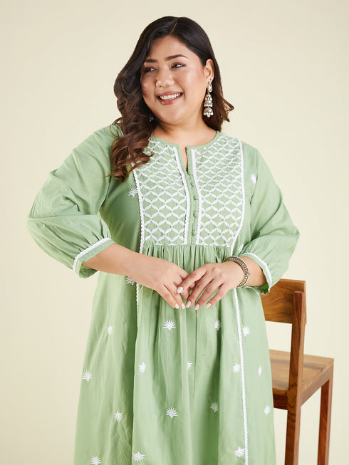 Janasya Women's Plus Size Light Green Pure Cotton Embroidered A-line Kurta Set