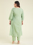 Janasya Women's Plus Size Light Green Pure Cotton Embroidered A-line Kurta Set