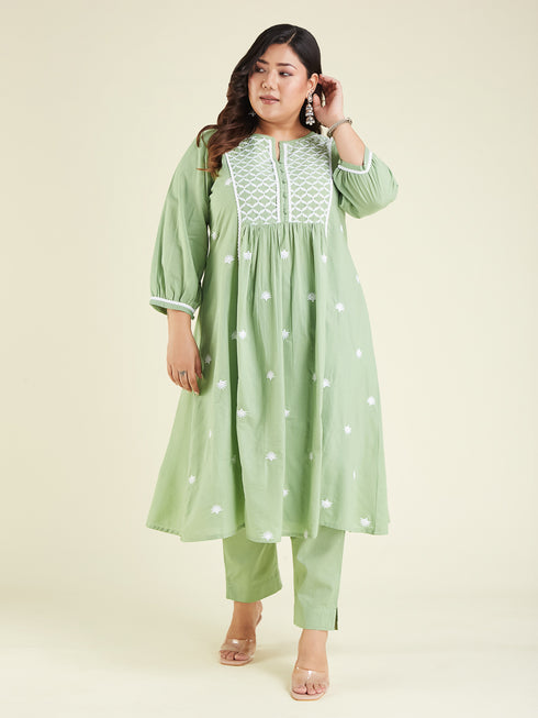 Janasya Women's Plus Size Light Green Pure Cotton Embroidered A-line Kurta Set