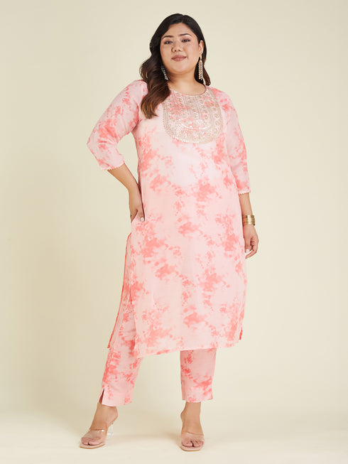 Janasya Women's Plus Size Peach Silk Blend Tie & Dye Embroidered Straight Kurta Pant Set