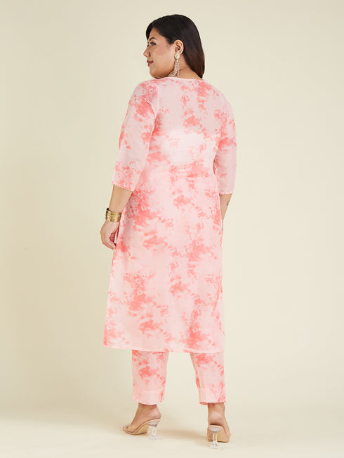 Janasya Women's Plus Size Peach Silk Blend Tie & Dye Embroidered Straight Kurta Pant Set