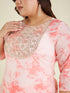 Janasya Women's Plus Size Peach Silk Blend Tie & Dye Embroidered Straight Kurta Pant Set
