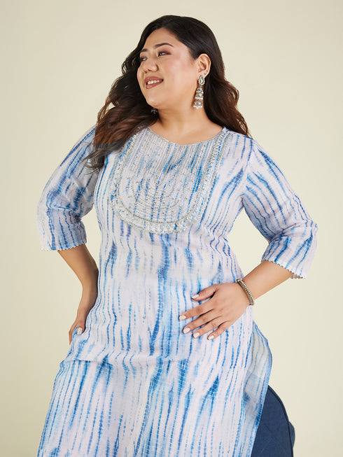 Janasya Women's Plus Size Blue Silk Blend Tie & Dye Yoke Embroidered Straight Kurta Pant Set