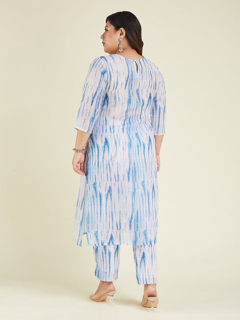 Janasya Women's Plus Size Blue Silk Blend Tie & Dye Yoke Embroidered Straight Kurta Pant Set