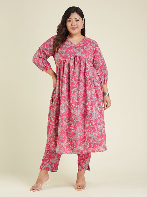 Janasya Women's Plus Size Pink Pure Cotton Floral Printed A-line Kurta Pant Set