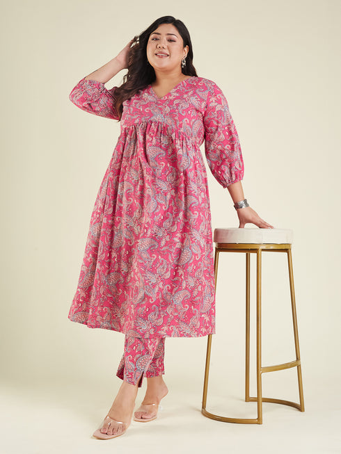 Janasya Women's Plus Size Pink Pure Cotton Floral Printed A-line Kurta Pant Set