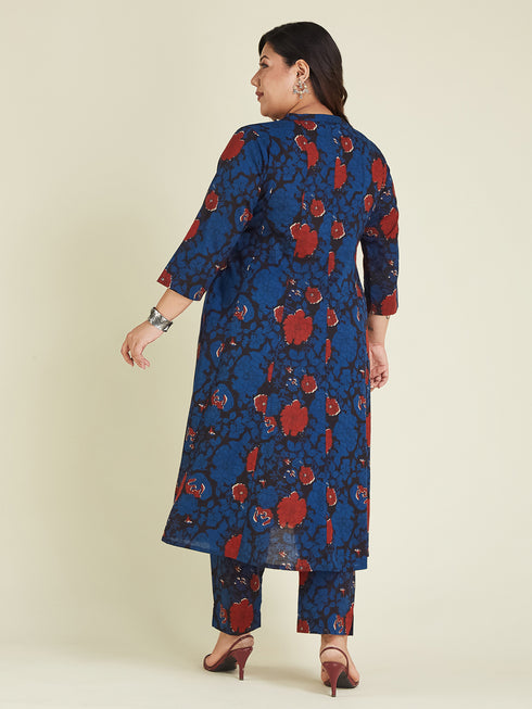 Janasya Women's Plus Size Navy Blue Pure Cotton Floral Printed A-line Kurta Pant Set