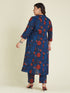 Janasya Women's Plus Size Navy Blue Pure Cotton Floral Printed A-line Kurta Pant Set
