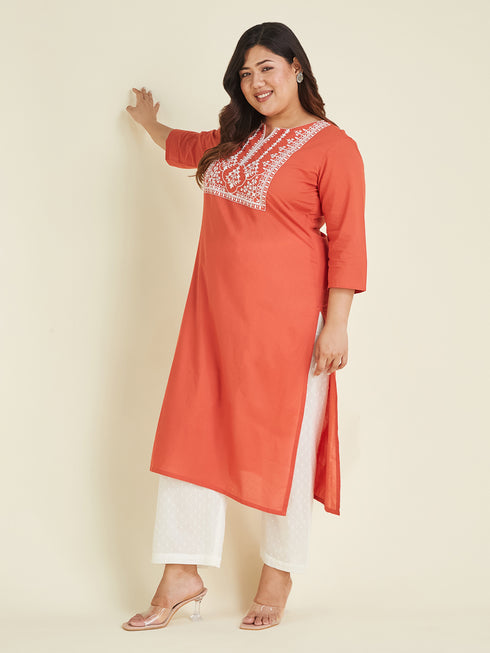 Janasya Women's Plus Size Rust Pure Cotton Yoke Embroidered Straight Kurta