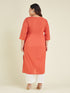 Janasya Women's Plus Size Rust Pure Cotton Yoke Embroidered Straight Kurta