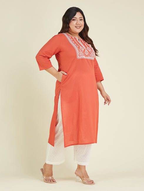 Janasya Women's Plus Size Rust Pure Cotton Yoke Embroidered Straight Kurta