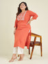 Janasya Women's Plus Size Rust Pure Cotton Yoke Embroidered Straight Kurta