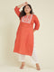 Janasya Women's Plus Size Rust Pure Cotton Yoke Embroidered Straight Kurta