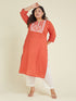 Janasya Women's Plus Size Rust Pure Cotton Yoke Embroidered Straight Kurta