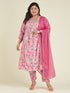 Janasya Women's Plus Size Pink Pure Cotton Yoke Embroidered Floral Printed A-line Kurta Set