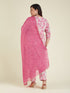 Janasya Women's Plus Size Pink Pure Cotton Yoke Embroidered Floral Printed A-line Kurta Set