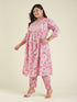 Janasya Women's Plus Size Pink Pure Cotton Yoke Embroidered Floral Printed A-line Kurta Set
