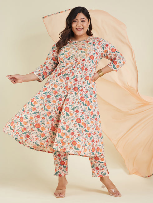 Janasya Women's Plus Size Peach Pure Cotton Floral Printed Zari Embroidered Anarkali Kurta Set