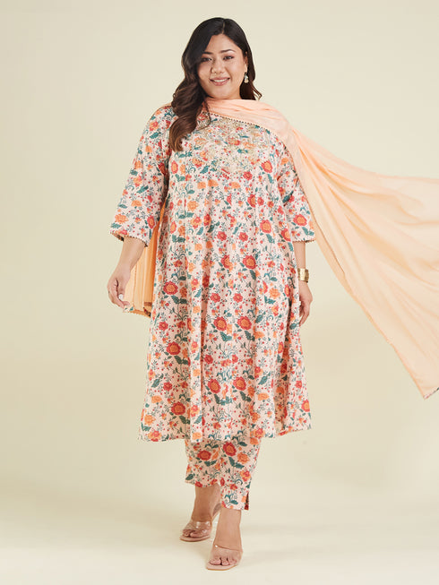 Janasya Women's Plus Size Peach Pure Cotton Floral Printed Zari Embroidered Anarkali Kurta Set