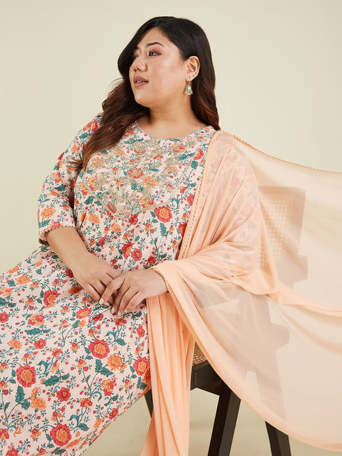 Janasya Women's Plus Size Peach Pure Cotton Floral Printed Zari Embroidered Anarkali Kurta Set