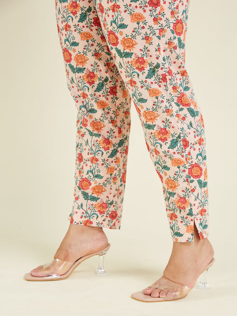 Janasya Women's Plus Size Peach Pure Cotton Floral Printed Zari Embroidered Anarkali Kurta Set