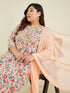 Janasya Women's Plus Size Peach Pure Cotton Floral Printed Zari Embroidered Anarkali Kurta Set