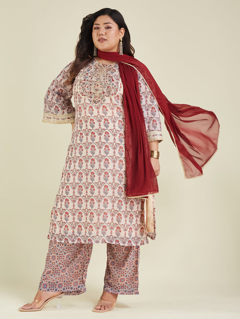 Janasya Women's Plus Size Cream & Maroon Georgette Embroidered Ajrakh Printed Straight Kurta Set