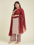 Janasya Women's Plus Size Cream & Maroon Georgette Embroidered Ajrakh Printed Straight Kurta Set