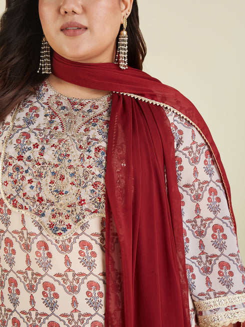 Janasya Women's Plus Size Cream & Maroon Georgette Embroidered Ajrakh Printed Straight Kurta Set