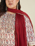 Janasya Women's Plus Size Cream & Maroon Georgette Embroidered Ajrakh Printed Straight Kurta Set