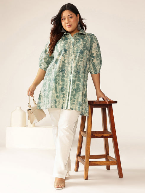 Plus Size Aqua Pure Cotton Tie & Dye A-line Tunic
