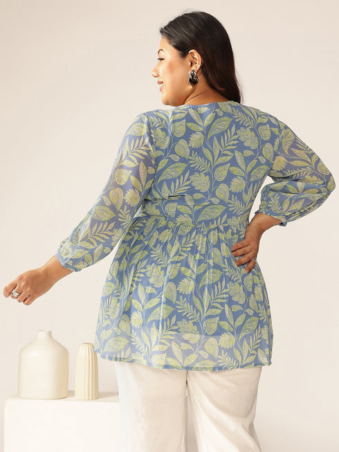 Plus Size Blue Georgette Tropical Printed A-line Tunic
