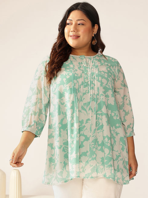 Plus Size Green Georgette Floral Printed A-line Tunic